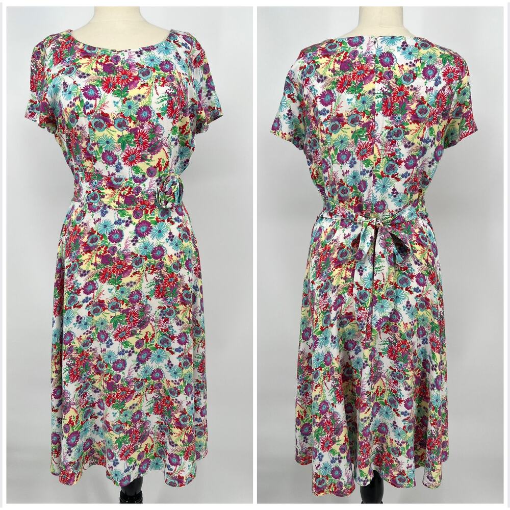 Vtg Jody California A Line Midi Dress Modern Sz M Colorful Floral 3D Rosette USA